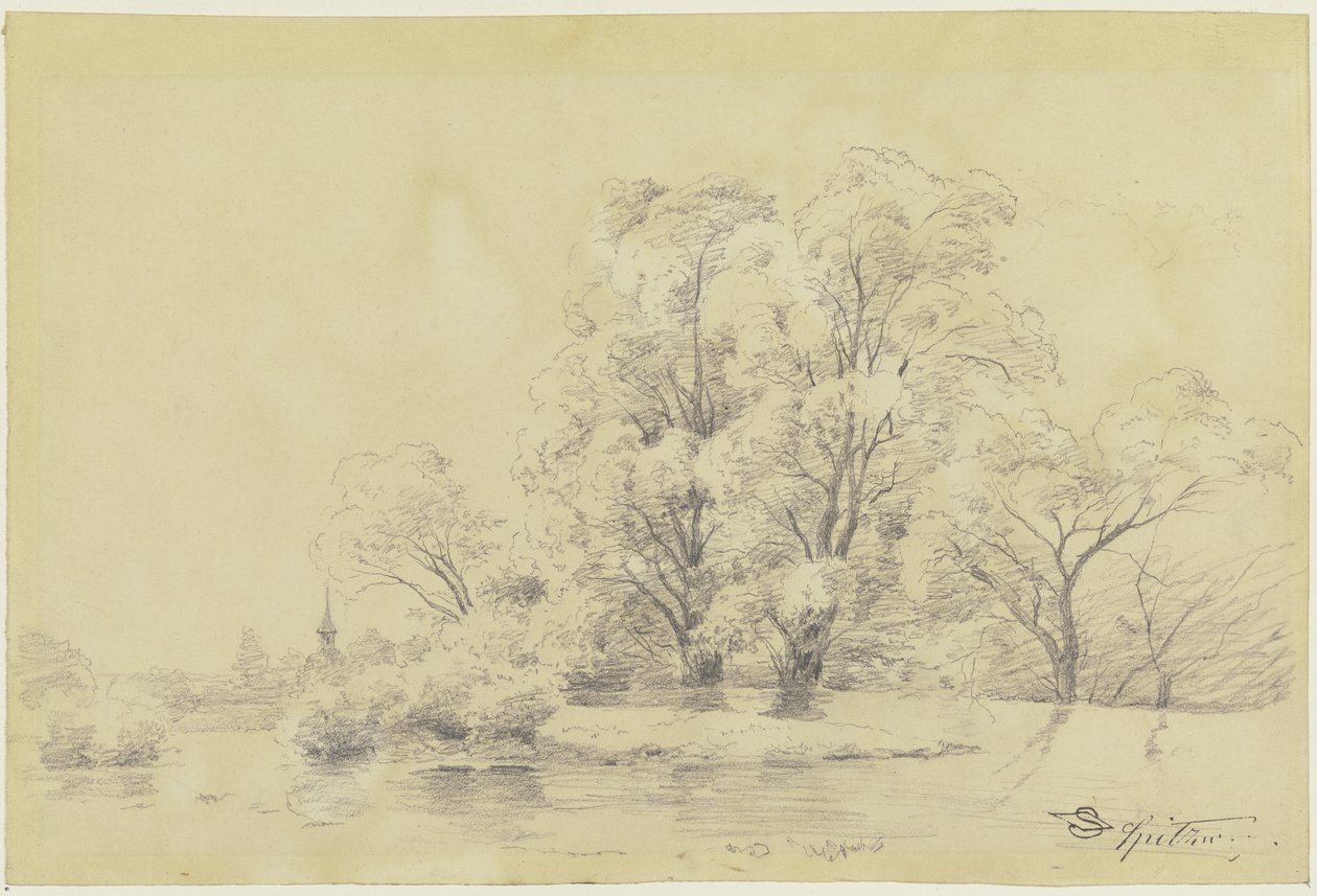 Paisaje con árboles junto al agua, a lo lejos la torre de una iglesia de pueblo de Carl Spitzweg