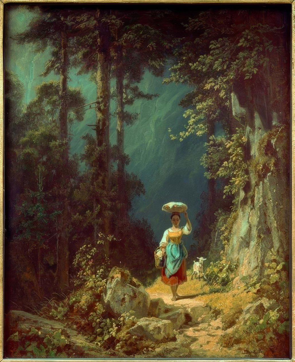 Niña con cabra en el valle de montaña I de Carl Spitzweg