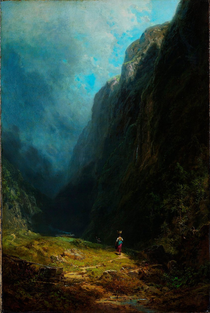 ""Paysage de haute vallee alpine"" Vue du mont Wendelstein Allemagne (Paisaje en el alto valle alpino con el monte Wendelstein) Pintura de Carl Spitzweg (1808-1885) Óleo sobre lienzo vers. 1871 Dim 88,5x59 cm Museo Kunstpalast, Düsseldorf de Carl Spitzweg