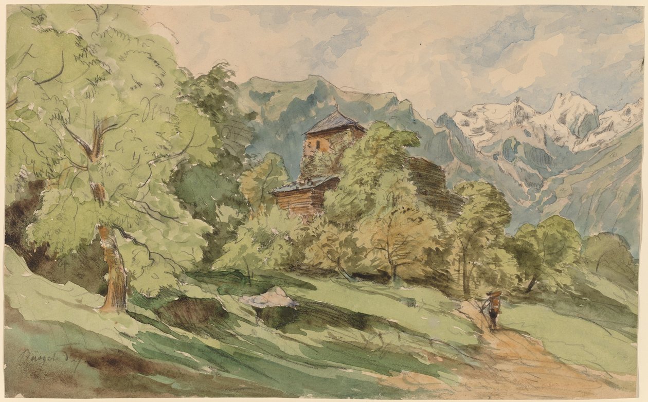 El castillo de Bürglen con los Alpes al fondo de Carl Wagner