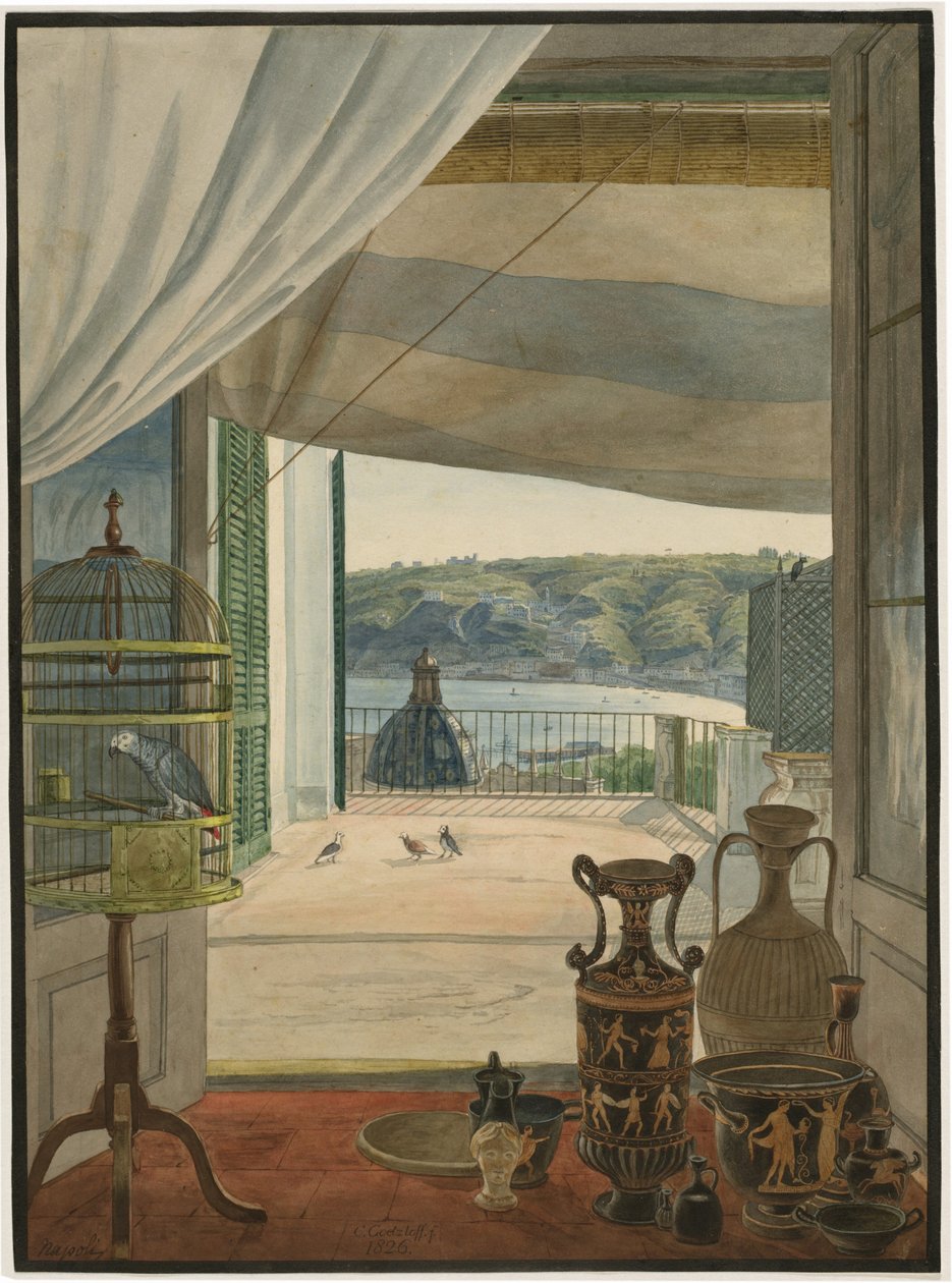 Antigüedades junto a un Balcón con Vista al Golfo de Nápoles de Carl Wilhelm Götzloff
