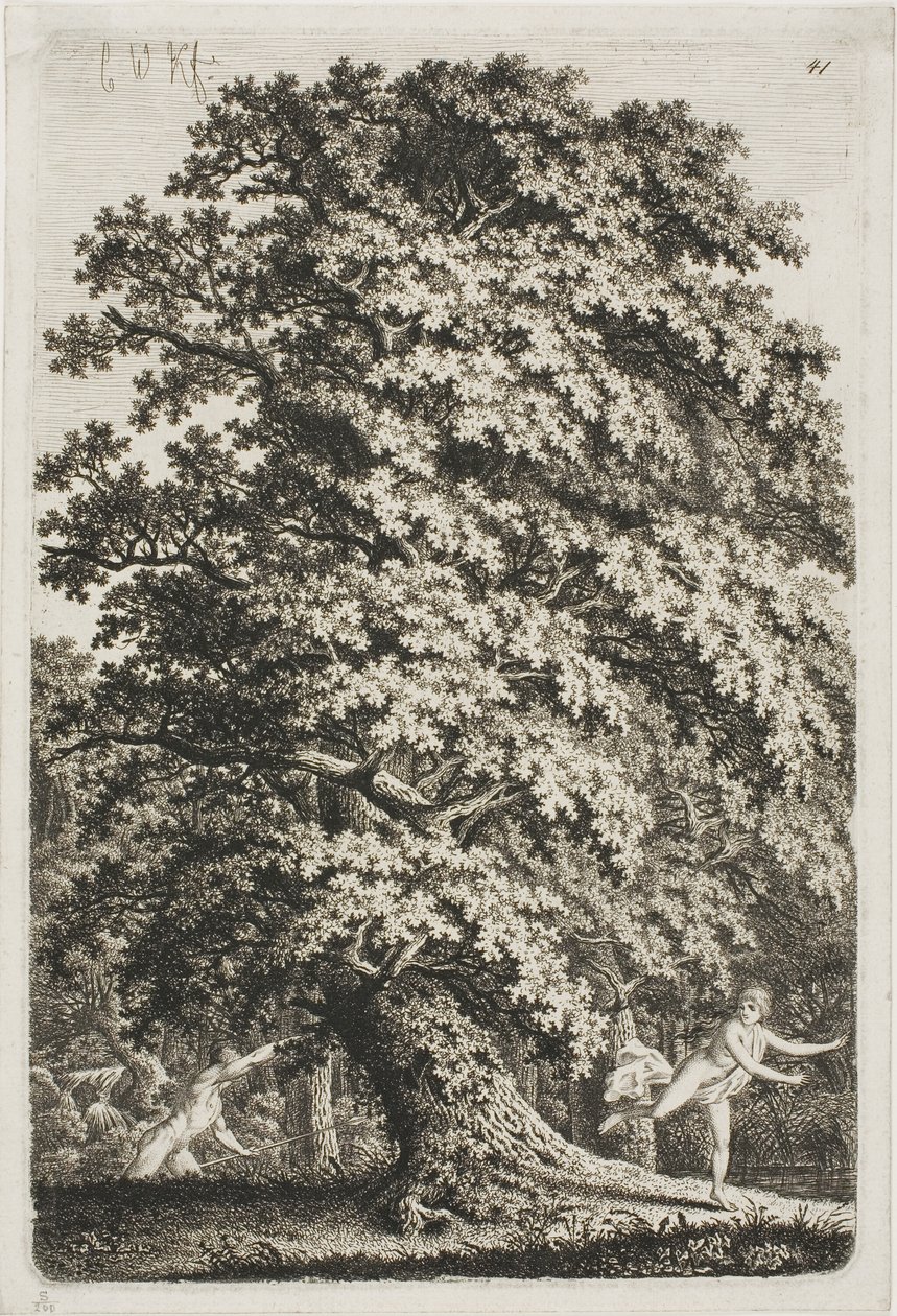 Mujer huyendo de un hombre con una lanza en el bosque de Carl Wilhelm Kolbe the elder