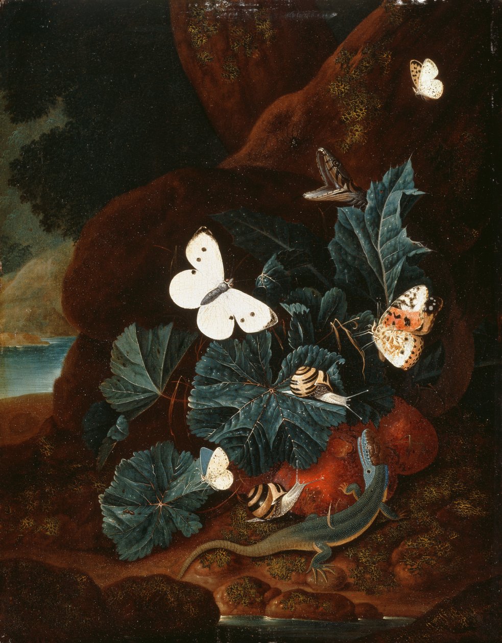 Naturaleza muerta en el suelo del bosque con un lagarto, mariposas, caracol y una serpiente de Carl Wilhelm de Hamilton