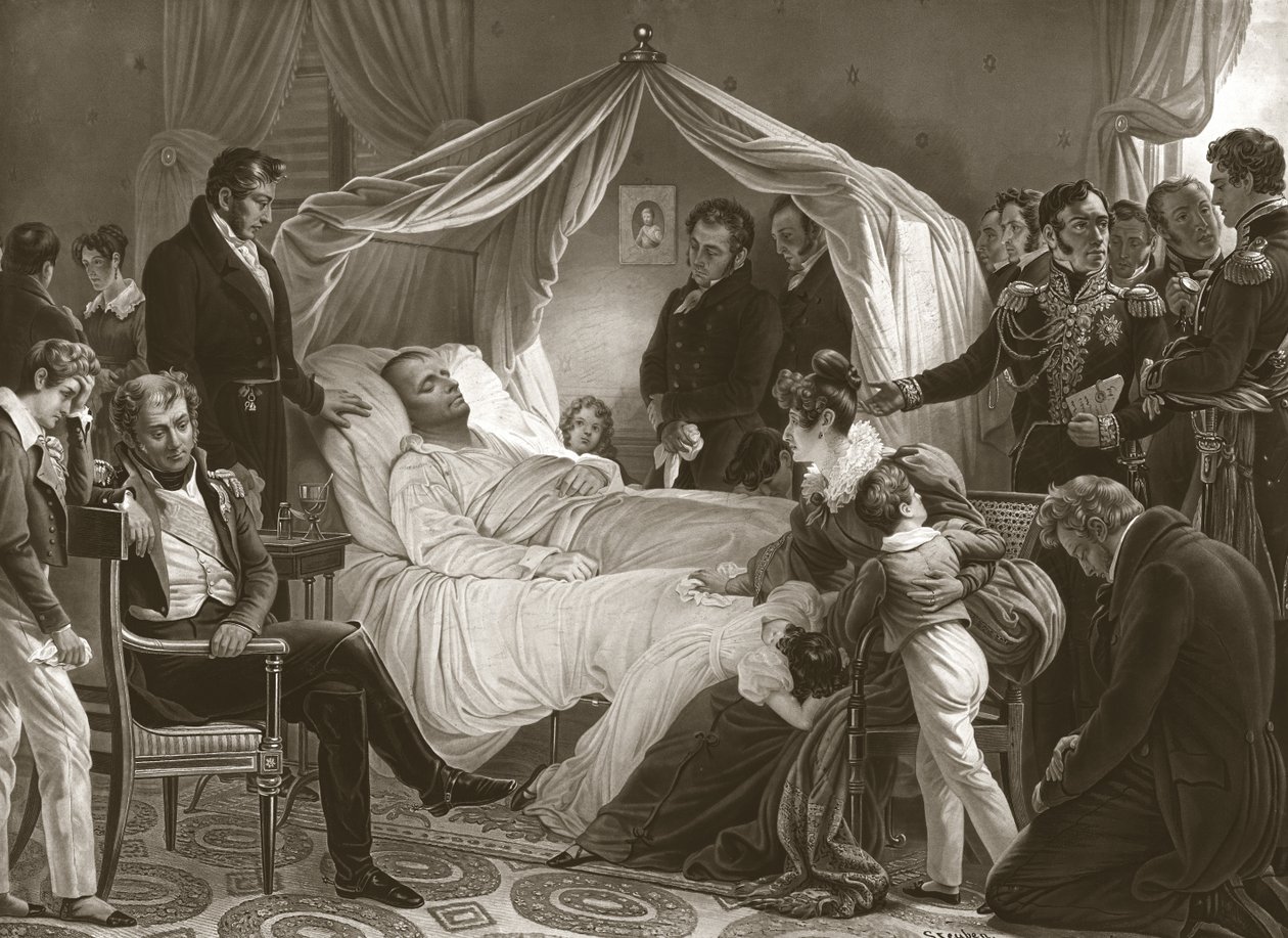Napoleón en su lecho de muerte, 5 de mayo de 1821, pub. grabado de Carl von Steuben