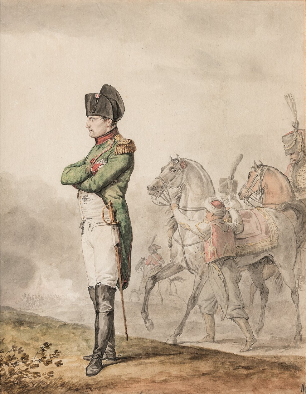 Emperador Napoleón Bonaparte I (1769-1821) en Austerlitz (lápiz y acuarela realzada con blanco) de Carle (attr. to) Vernet