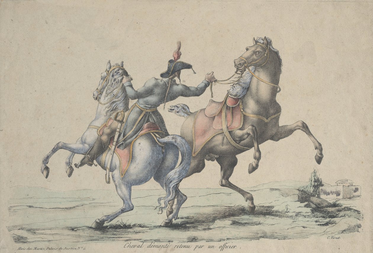 Un caballo desmontado sujetado por un oficial de Carle Vernet