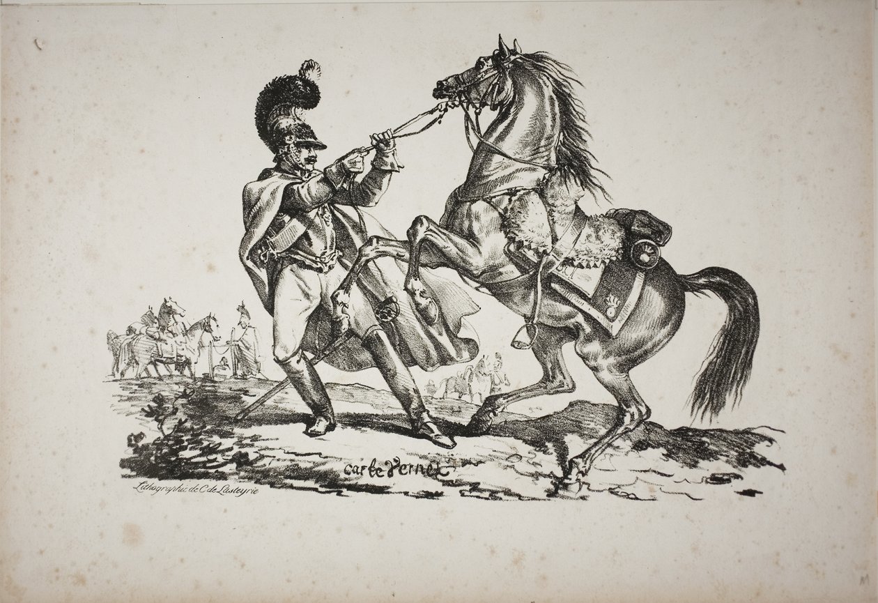 Coracero a pie sujetando su caballo encabritado de Carle Vernet