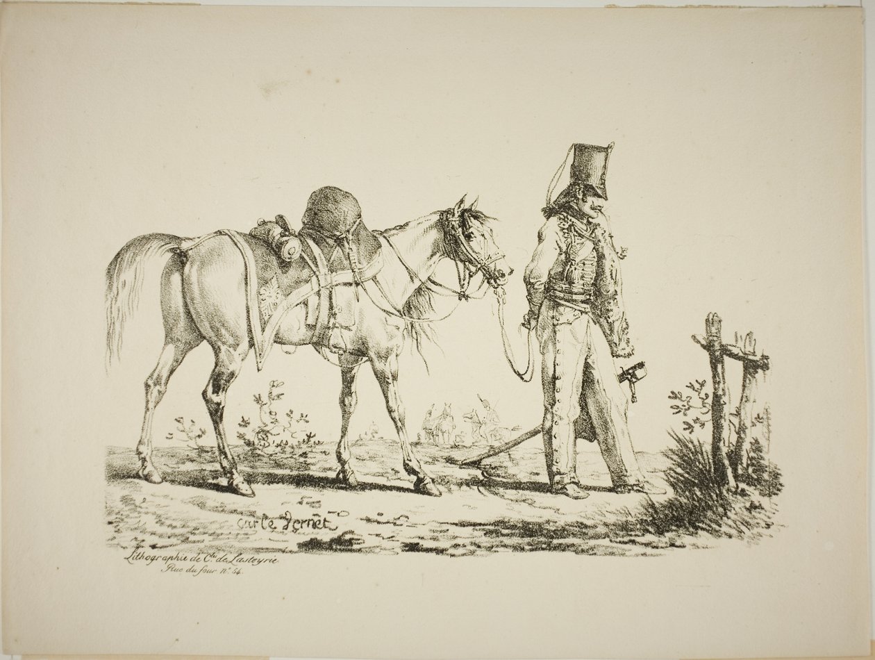 Húsar caminando frente a su caballo, fumando una pipa de Carle Vernet