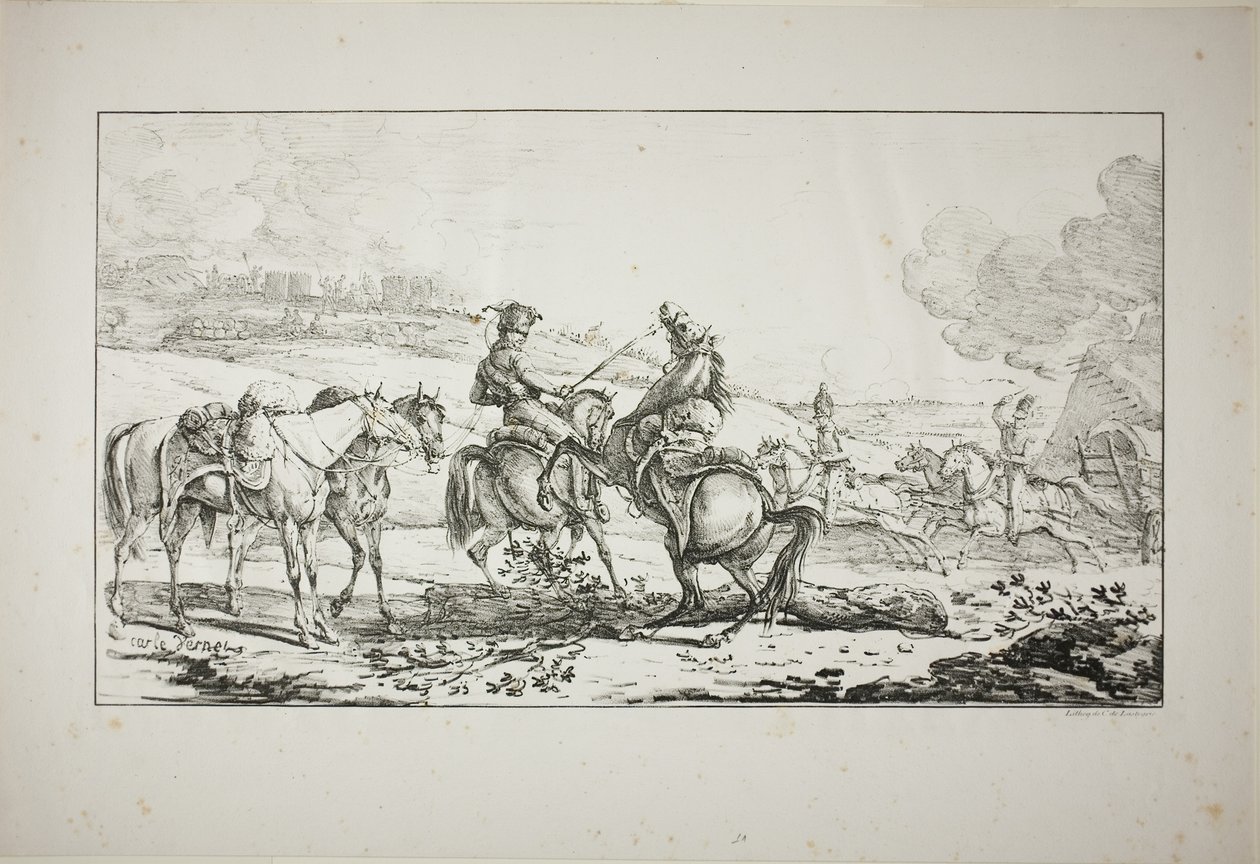 Artillero montado con tres caballos bridados a la vez de Carle Vernet