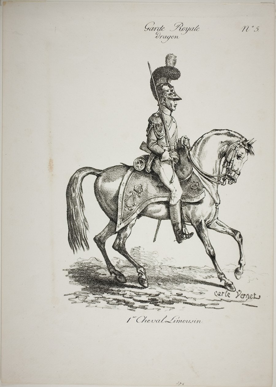 Guardia Real, Dragón Montado Normando y Caballo, No. 5, Primer Caballo de Limoges de Carle Vernet