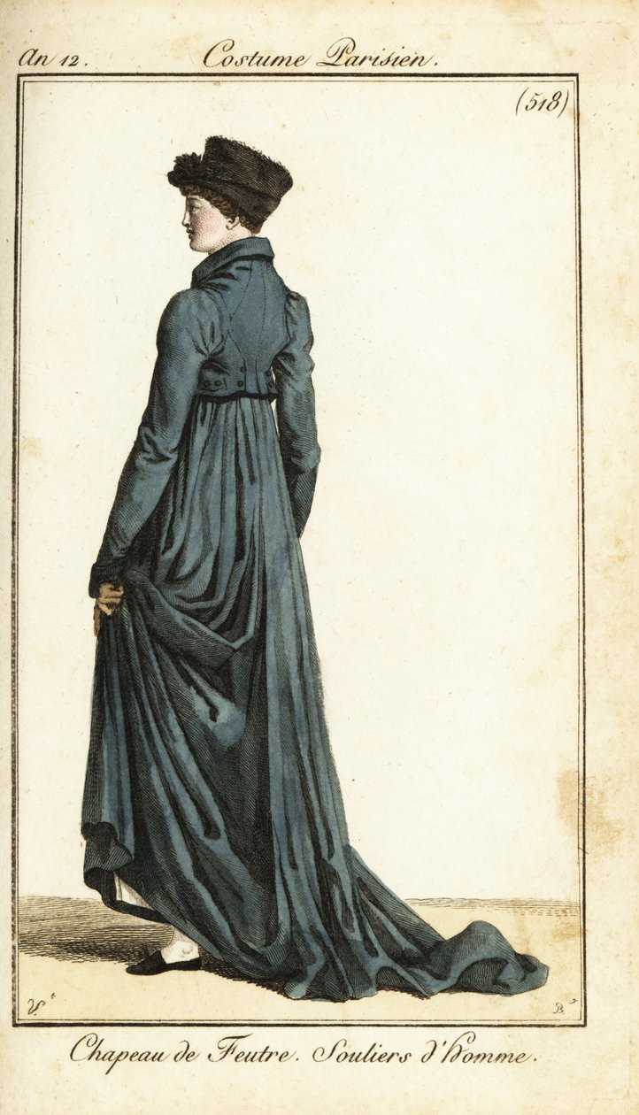 Mujer con sombrero de fieltro, abrigo largo de montar, zapatillas de hombre, París de Carle Vernet