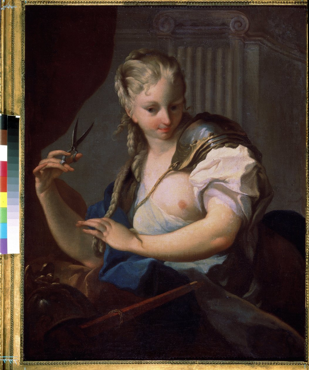 Juana de Arco (1412-1431) cortando su trenza con unas tijeras (Juana de Arco). Pintura de Carle Van Loo (1705-1765). Óleo sobre lienzo, 94,5 x 73 cm de Carle van Loo