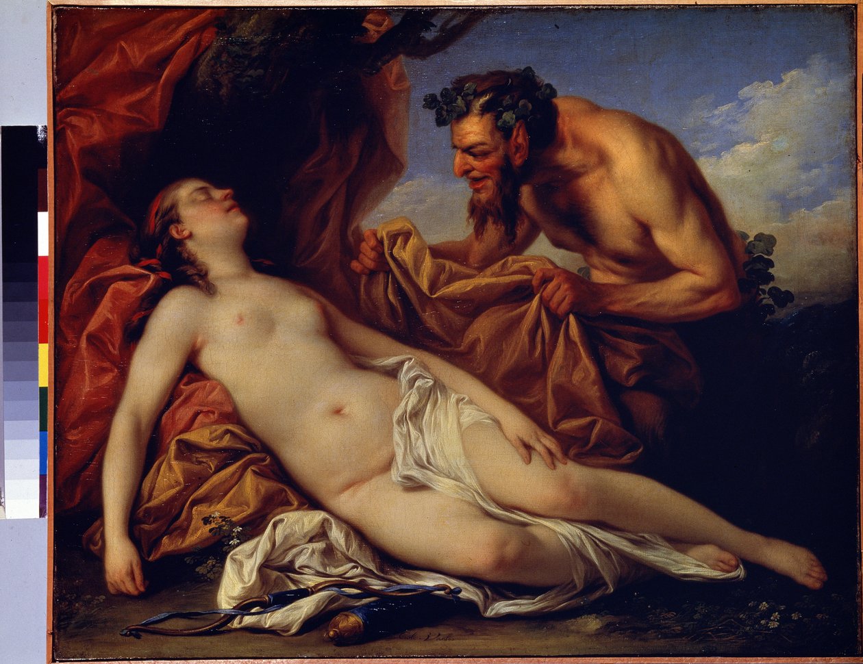 Júpiter y Antiope (Júpiter y Antiope). Pintura de Carle Van Loo (1705-1765). Óleo sobre lienzo, 50 x 72 cm, hacia 1753. Escuela francesa, arte rococó. Museo del Hermitage, San Petersburgo. de Carle van Loo