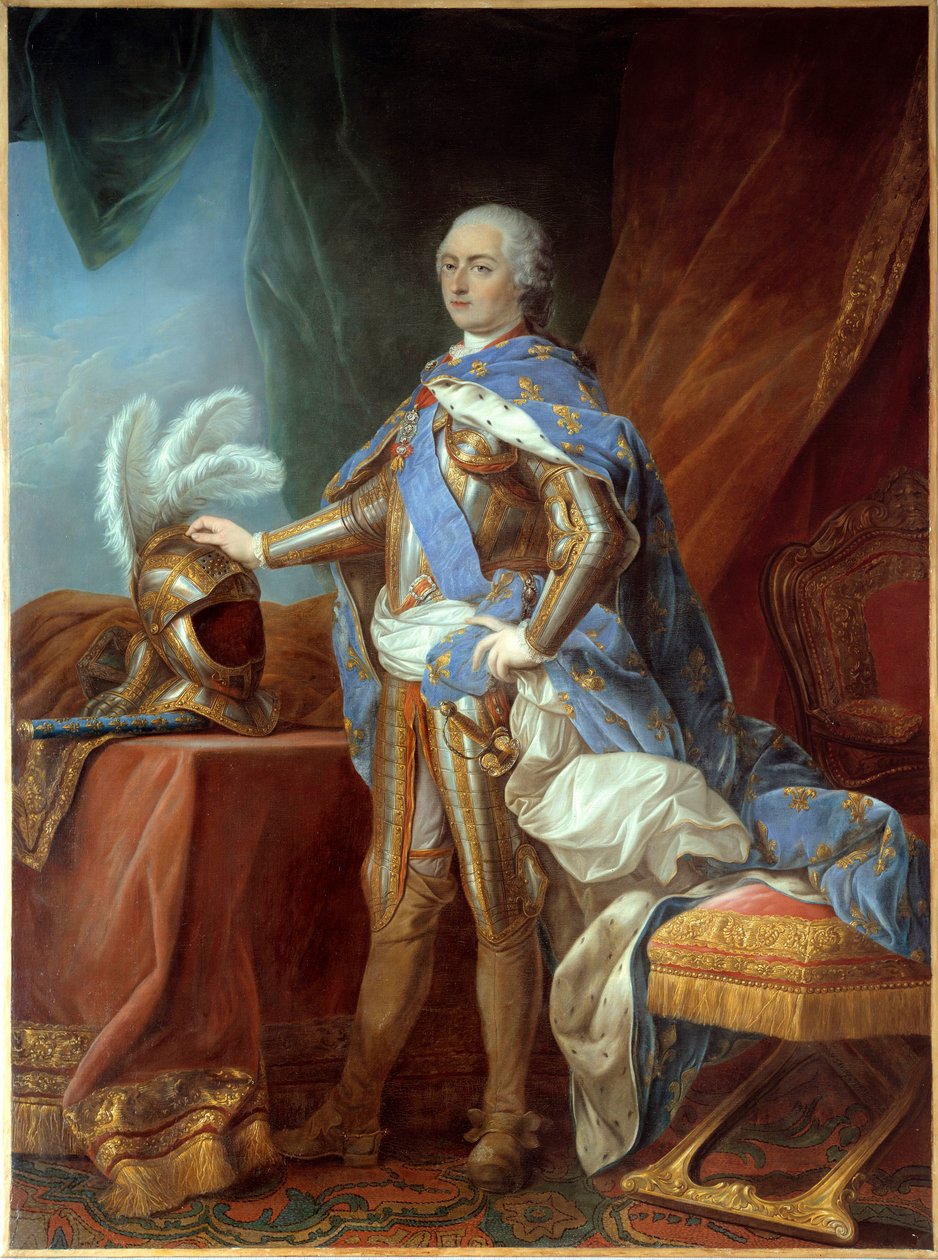 Retrato de cuerpo entero de Luis XV, en armadura, con la mano sobre un yelmo. Pintura de Carle Van Loo de Carle van Loo