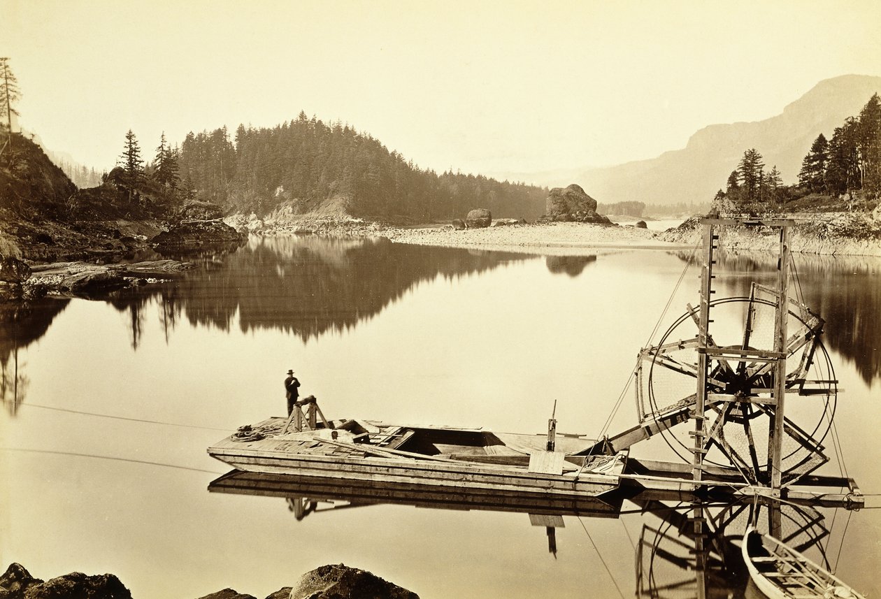 Rueda de salmón flotante, Cascadas, 1867 de Carleton E. Watkins