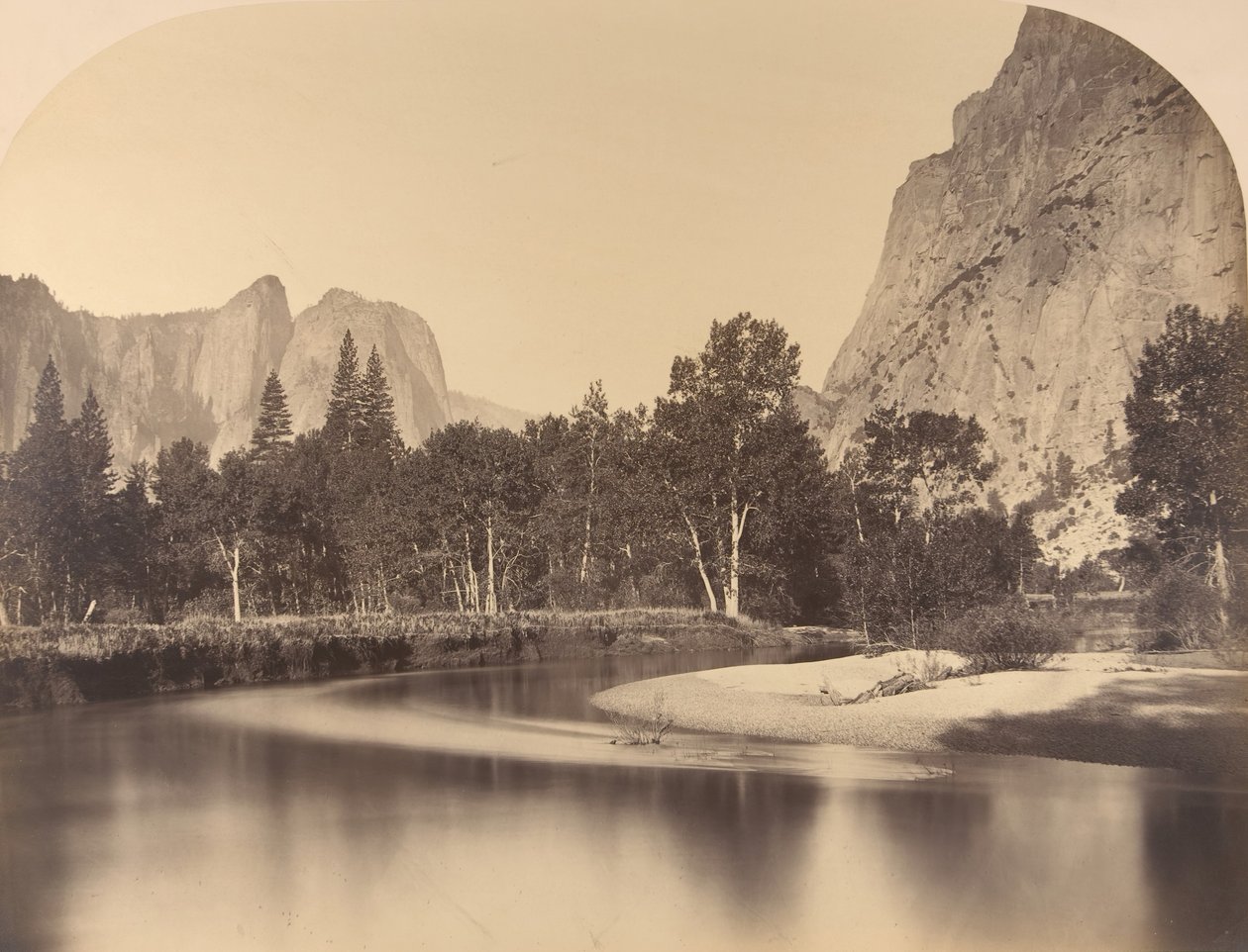 Vista del río, valle abajo, Cathedral Rock a la izquierda, 1861, Yosemite de Carleton Emmons Watkins