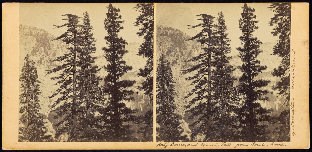 Media Cúpula y Cascada Vernal, desde South Fork de Carleton Watkins
