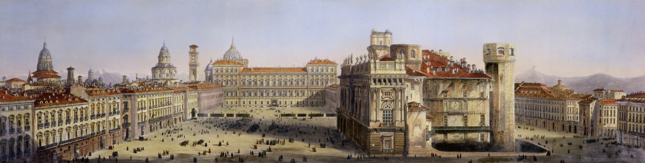 Piazza Castello, Turín, grabado por F. Citterio de Carlo Bossoli