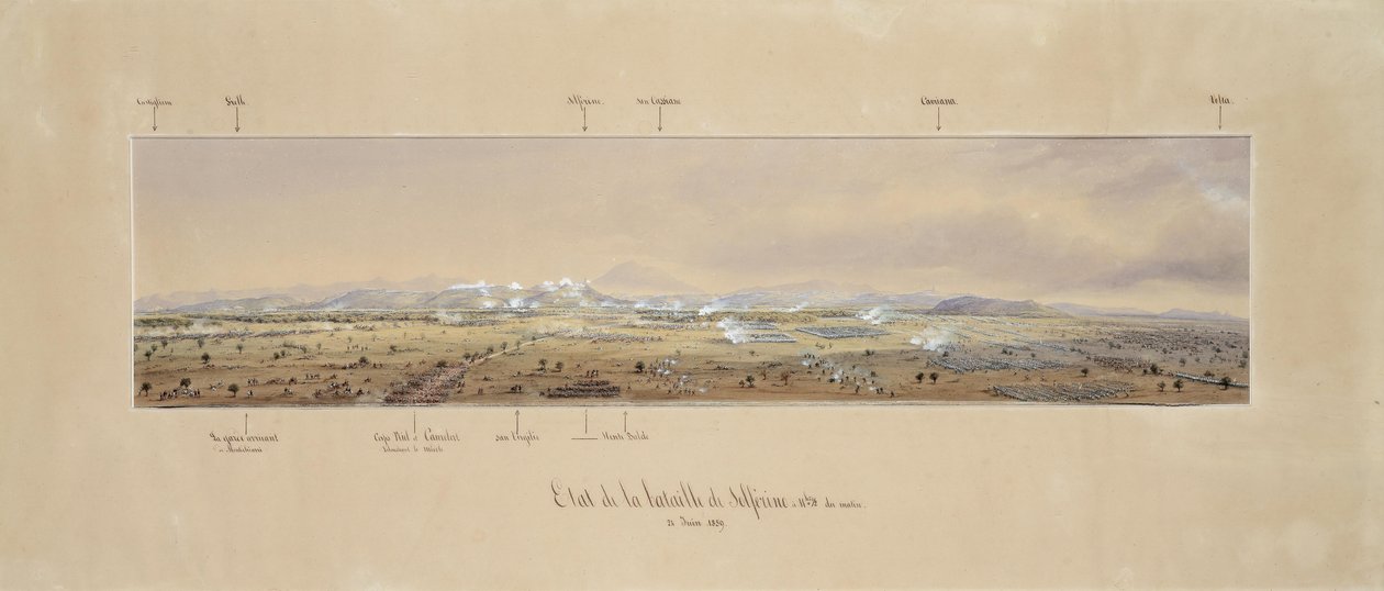 Situación de la Batalla de Solferino y San Martino a las 11:30 de la mañana, vista desde la torre campanario de la iglesia de San Dámaso de Carlo Bossoli