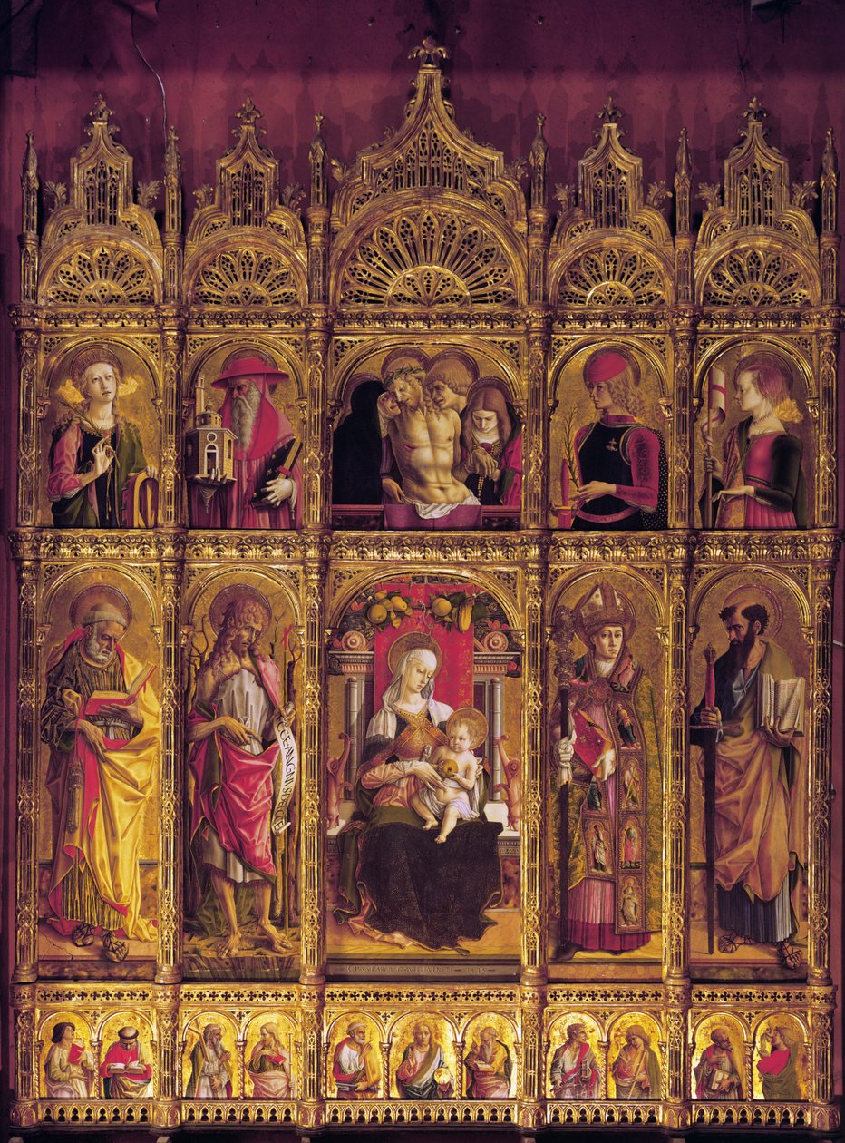 Retablo de San Emidio, políptico: La Piedad y la Virgen con el Niño entre los Santos, c. 1430-95 de Carlo Crivelli