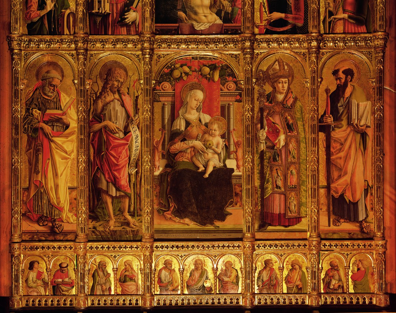 Retablo de San Emidio, políptico (detalle de la Virgen y los Santos San Pablo, San Juan Bautista, San Esteban y San Pablo) de Carlo Crivelli