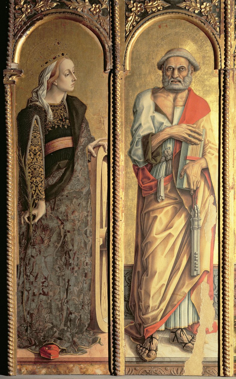 Santa Catalina de Alejandría y San Pedro, detalle del tríptico de Santa Lucía de Carlo Crivelli
