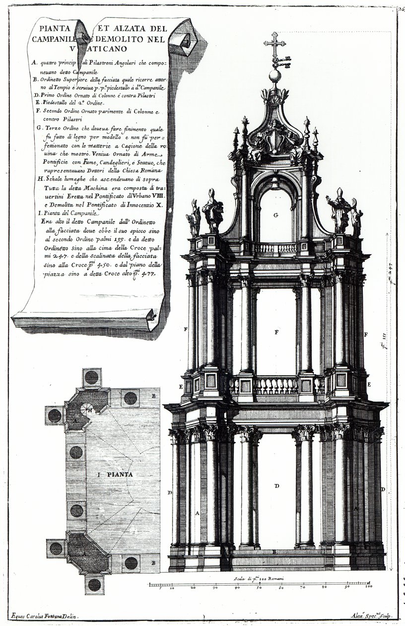 Un campanario diseñado para San Pedro, Roma, grabado por Alessandro Specchi de Carlo Fontana