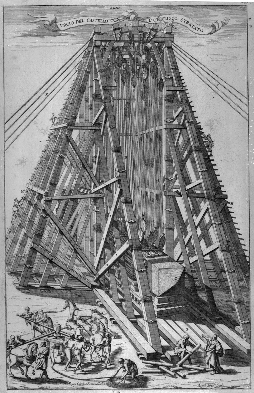 Erigiendo el antiguo obelisco egipcio en la Plaza de San Pedro, Roma, grabado por Alessandro Specchi de Carlo Fontana