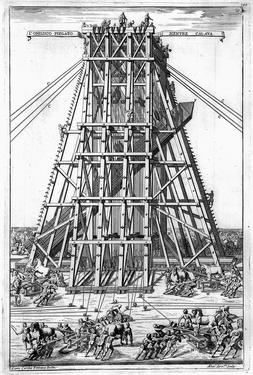 Erigiendo el obelisco egipcio antiguo en la Plaza de San Pedro, Roma, grabado por Alessandro Specchi de Carlo Fontana