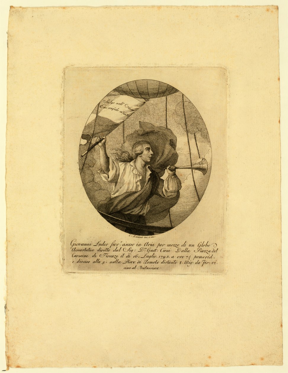 Giovanni Battista Luder, de pie en una cesta de globo durante un ascenso sobre Florencia, 1795-1850 de Carlo Lasinio