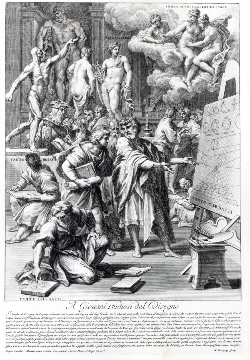 Alegoría de un estudio de diseño, grabado por Nicolas Dorigny de Carlo Maratta or Maratti