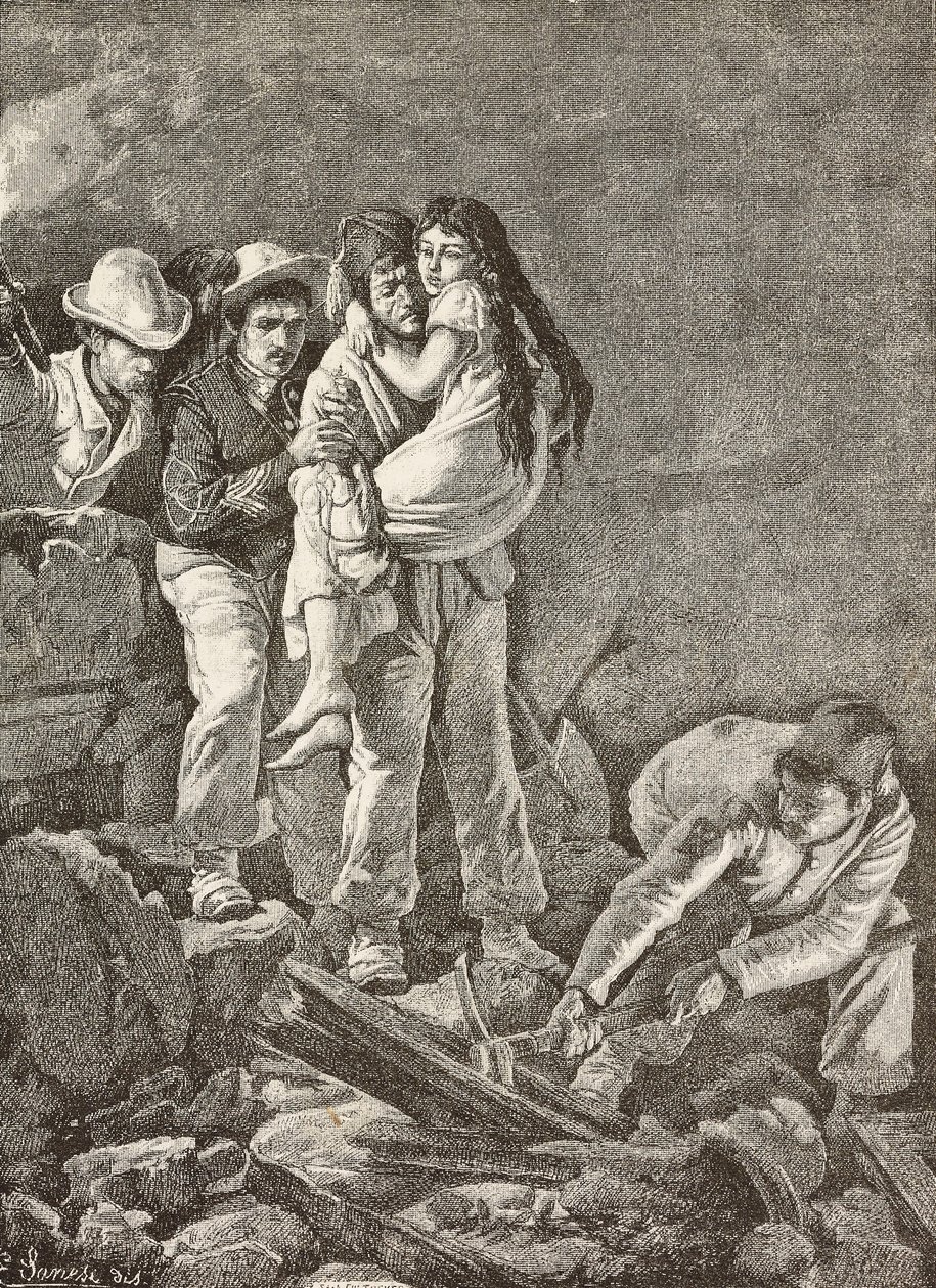 Rescate de una niña tras el derrumbamiento de su casa, terremoto de Casamicciola, Italia, grabado a partir de un dibujo de E. Sanesi y una pintura de Carlo Ademollo (1824-1911), de L