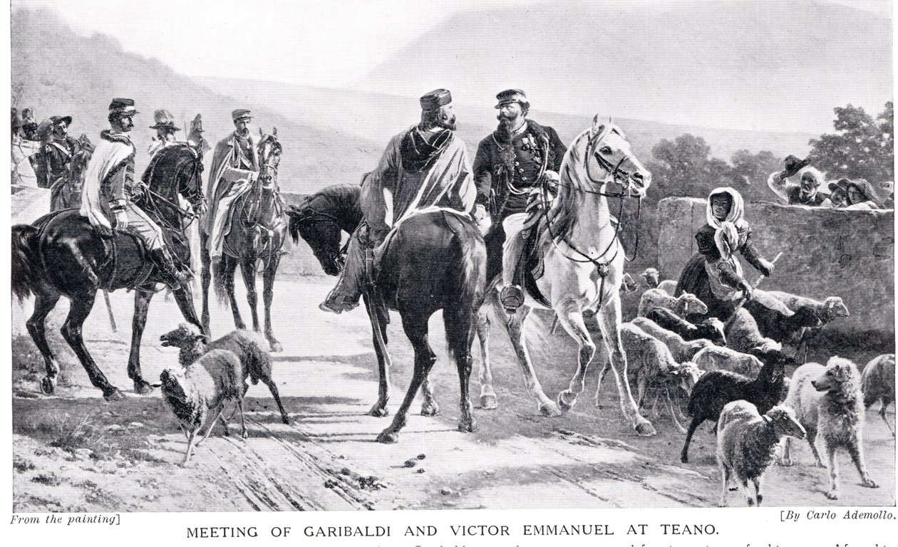 Encuentro de Garibaldi y Víctor Manuel en Teano, ilustración de 