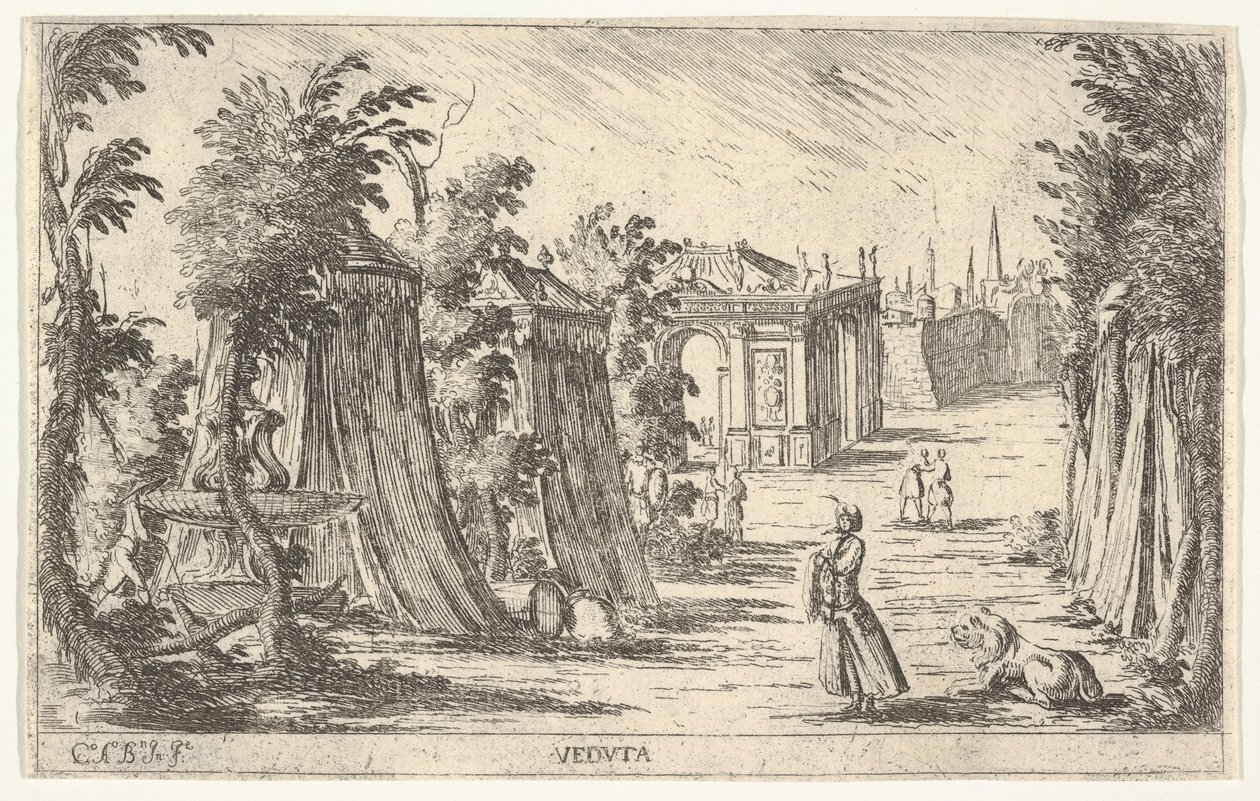 Vista con un hombre con turbante y un león de pie a la derecha, tiendas y arquitectura clásica de Carlo Antonio Buffagnotti