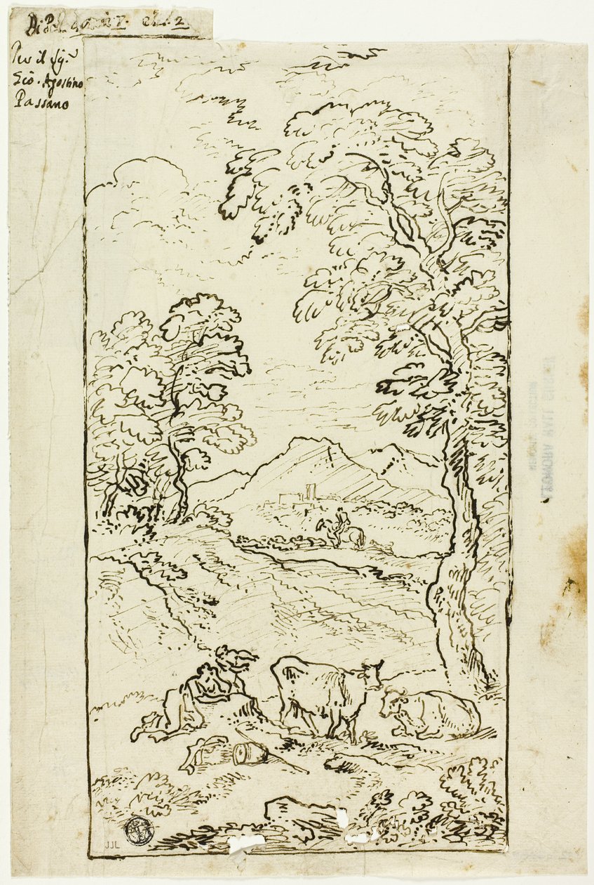 Paisaje montañoso con vacas y pastores en primer plano de Carlo Antonio Tavella