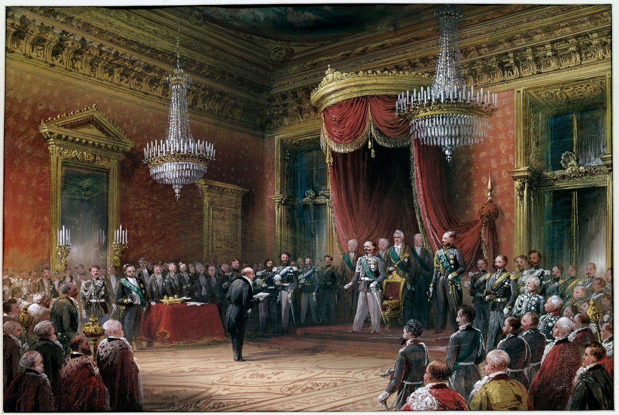 Risorgimento - Carlo Farini (1812-1866) presenta a Victor Emmanuel II (Victor Emmanuel) (Vittorio Emanuele) (1820-1878) el pacto de anexión de Emilia Romagna en 1860 de Carlo Bossoli