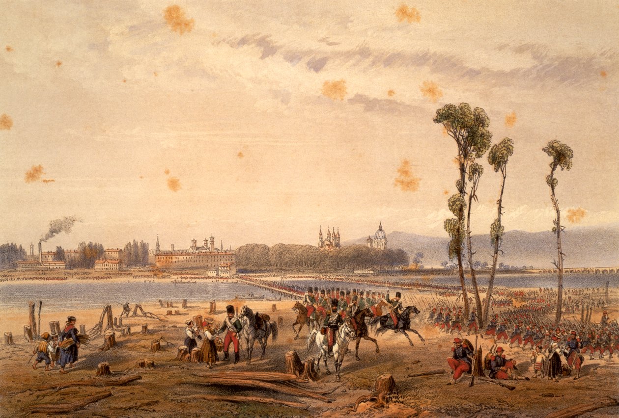 Los franceses pasando el Sesia en Vercelli en 1859, por Carlo Bossoli (1815-1884), grabado. Segunda Guerra de Independencia, Italia de Carlo Bossoli
