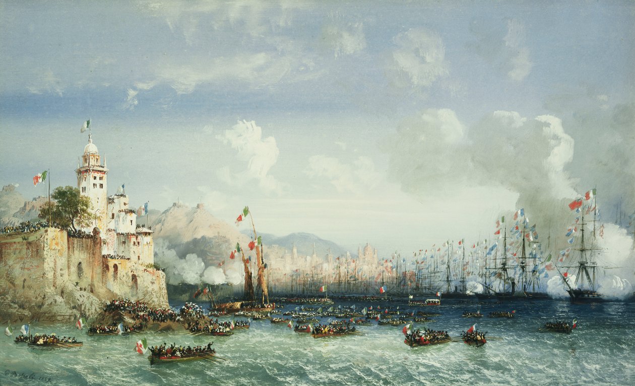 La guerra en Italia: Génova, la llegada del emperador Napoleón III de Carlo Bossoli
