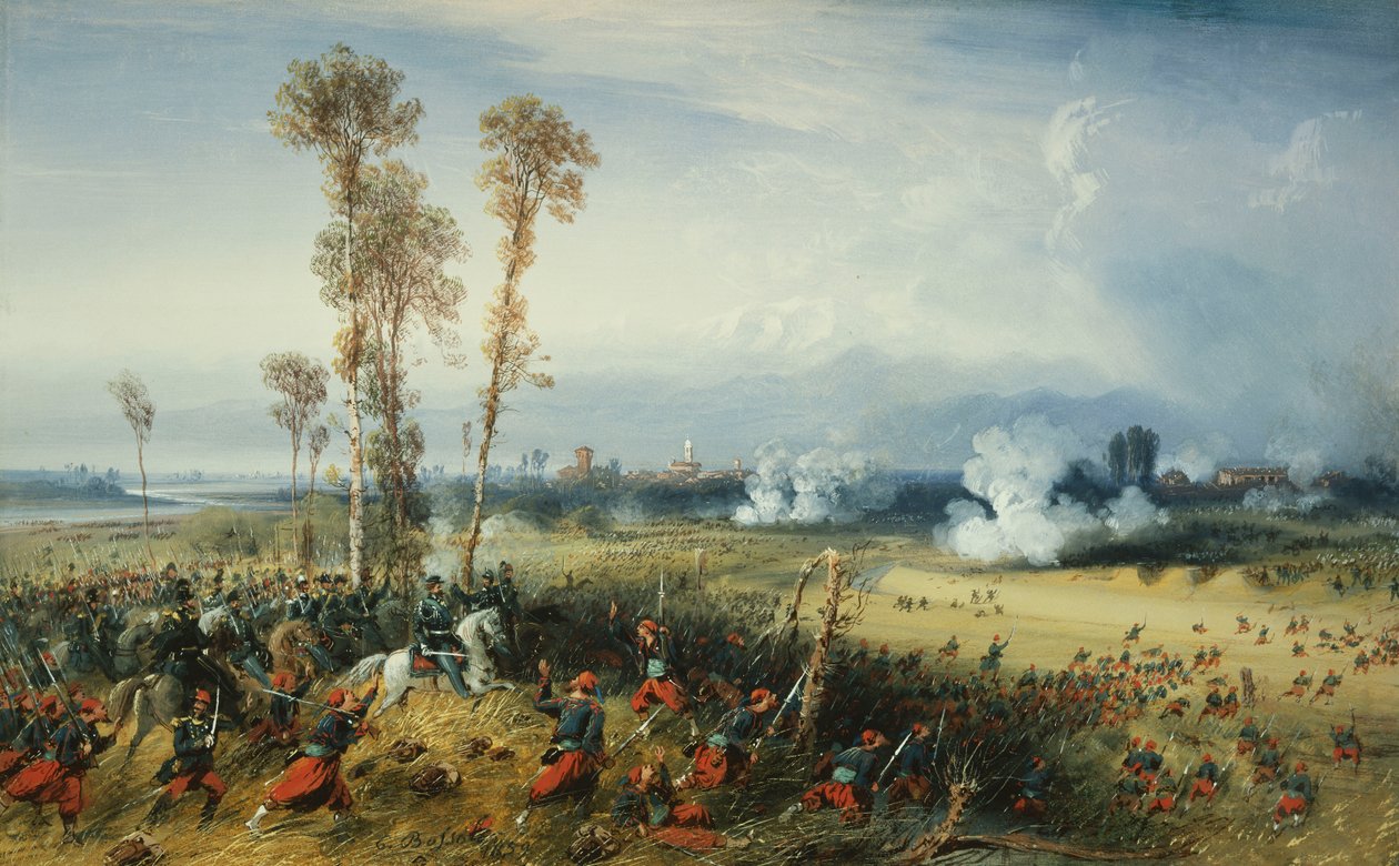 La guerra en Italia: La batalla de Palestro, el rey de Cerdeña encabezando las tropas, 1859 de Carlo Bossoli