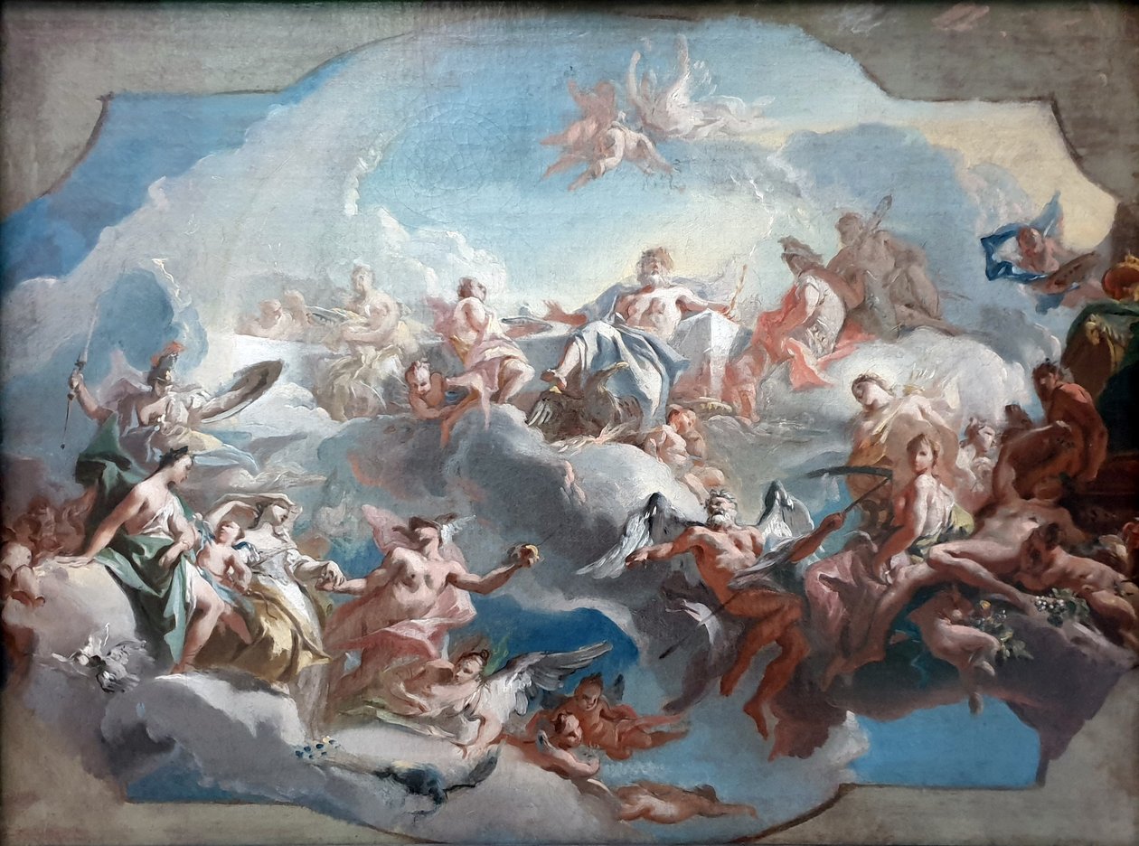 Alemán: Der Aufbruch der Göttinnen Juno, Venus und Minerva, geleitet von Merkur, zum Parisurteil Salida de las diosas Juno, Venus y Minerva para el juicio de París. de Carlo Carlone