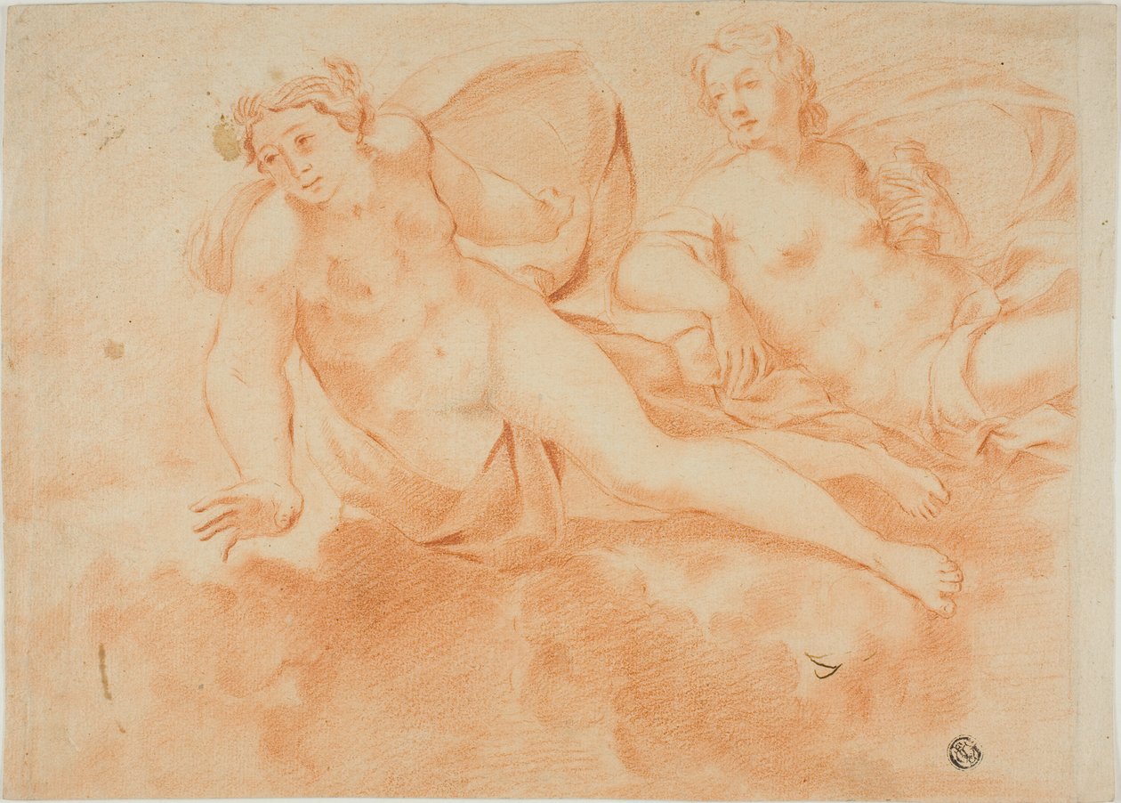 Dos figuras femeninas desnudas con nubes (anverso); fragmento de figura recostada (reverso) de Carlo Cignani