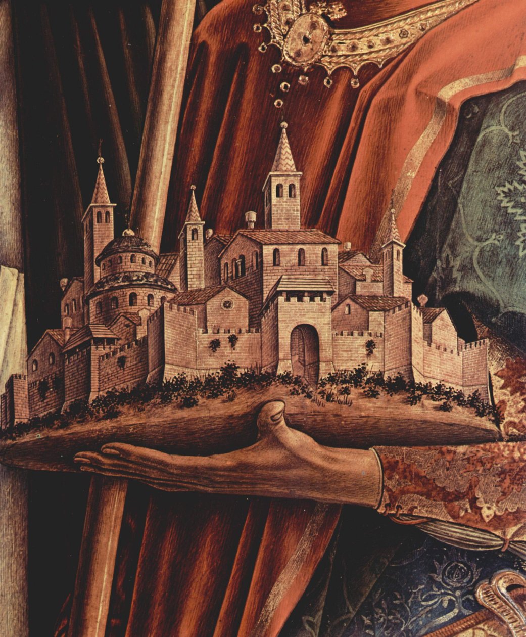 Tríptico de altar, panel derecho: San Pedro Mártir y San Veneciano de Camerino, detalle: maqueta de la ciudad de Camerino en manos del santo de la ciudad Veneciano de Carlo Crivelli