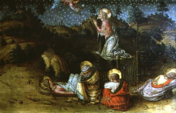 La agonía en el jardín, panel predela izquierdo del políptico de San Silvestro de Carlo Crivelli