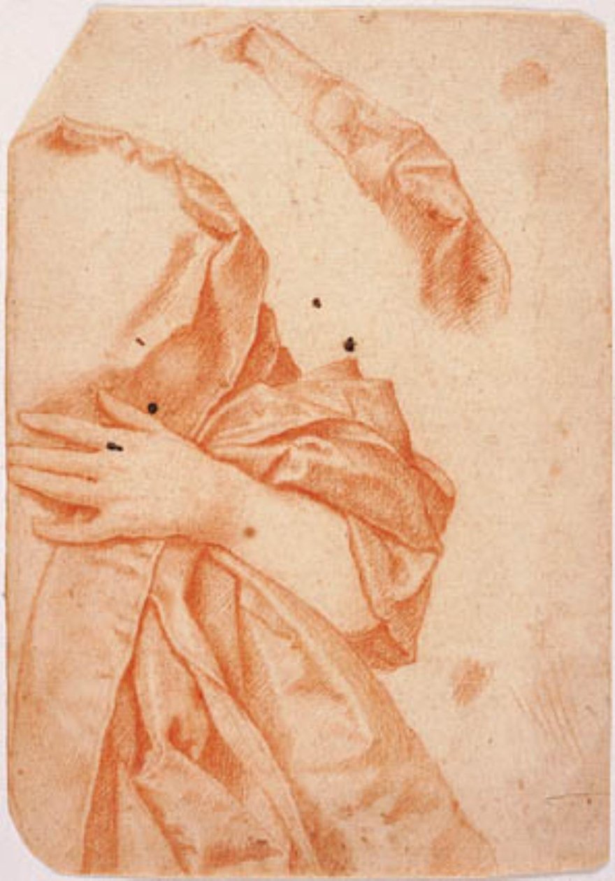 Estudio de drapeado para la mitad izquierda de una figura femenina y una repetición del drapeado alrededor de su cuello de Carlo Dolci