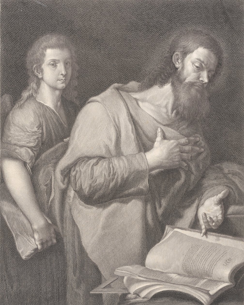 San Mateo, de pie ante un libro a la derecha con una mano en el pecho, otro hombre detrás, 1750-1784 de Carlo Faucci