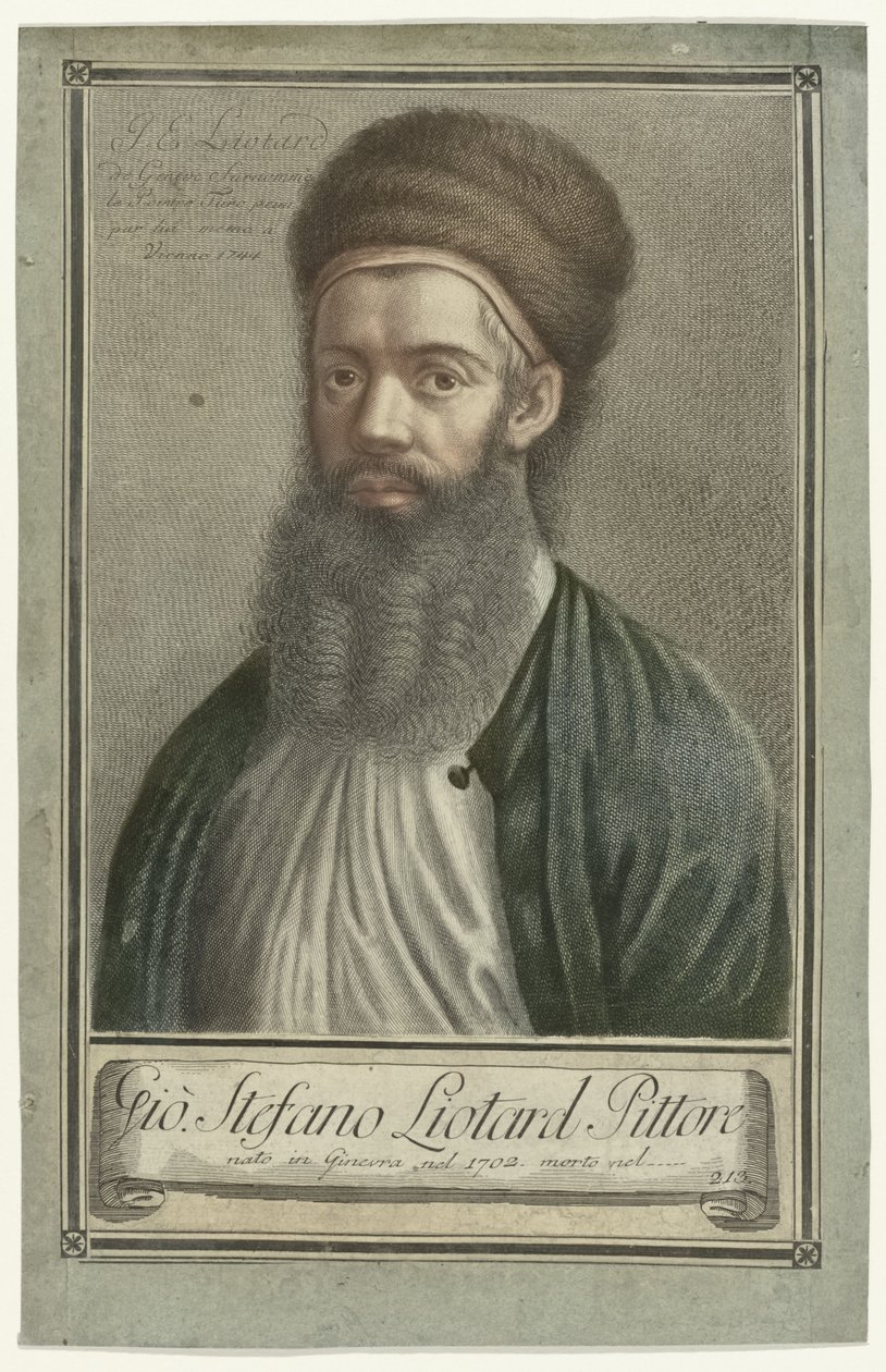 Retrato del pintor Jean-Etienne Liotard en traje turco con barba y sombrero de piel Retratos de artistas (título de la serie) de Carlo Gregori (possibly)