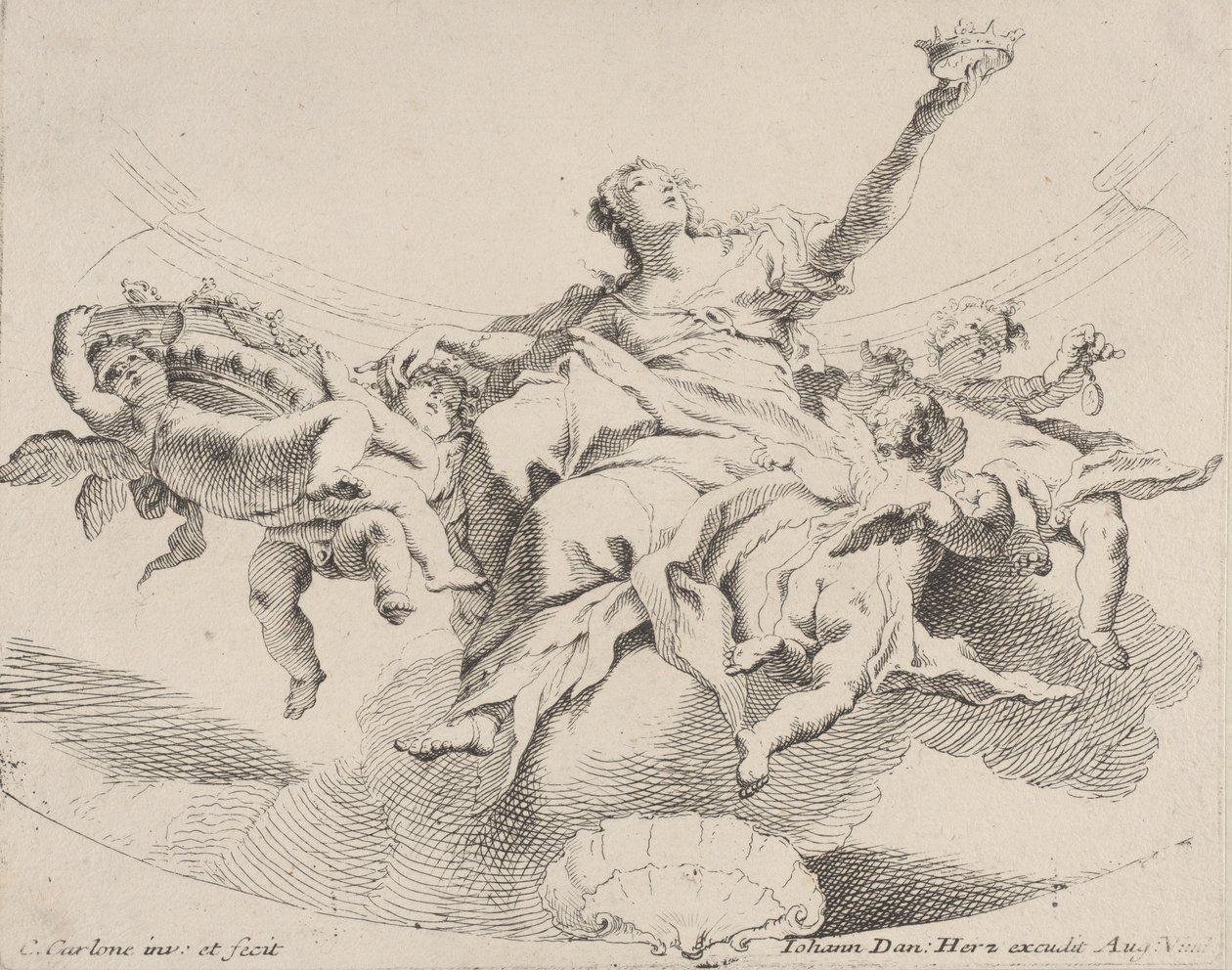 Poder, representado por una mujer sentada en las nubes sosteniendo una corona y rodeada de putti de Carlo Innocenzo Carloni