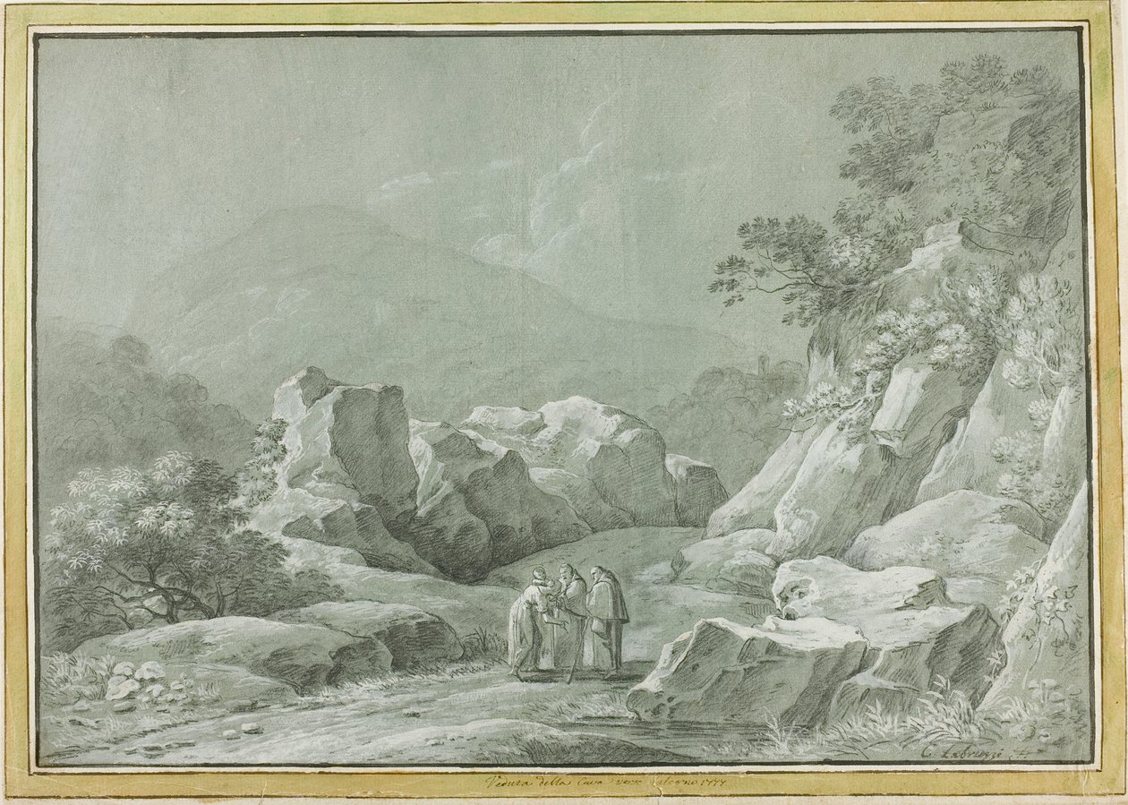 Dos monjes dando agua a una mujer y un niño en el desierto de Carlo Labruzzi