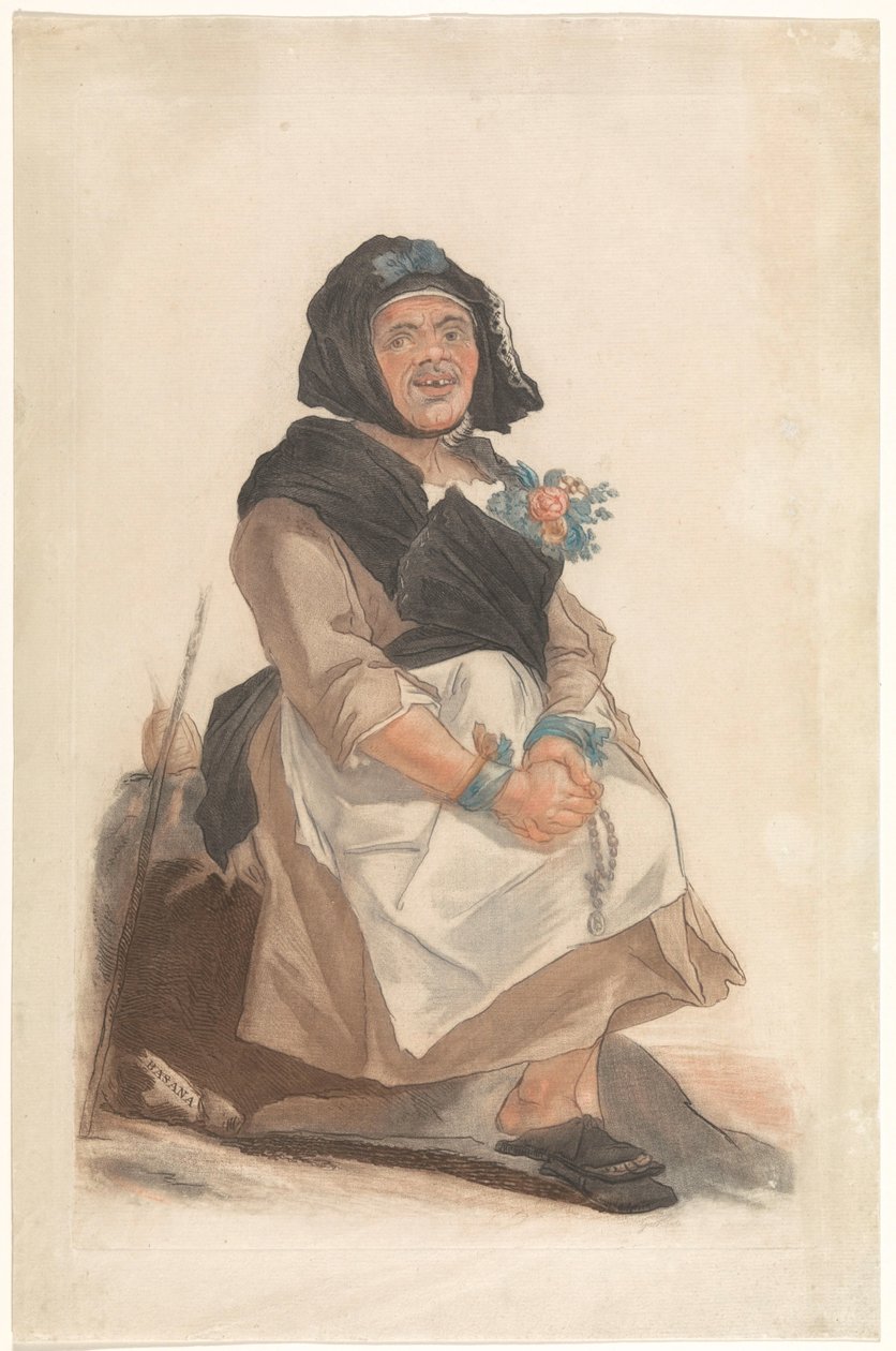 Als vrouw verklede man met rozenkrans, zittend
Basana (título en el objeto)
Retratos de personajes caraduras que sirven para divertir al público florentino (título de la serie) de Carlo Lasinio