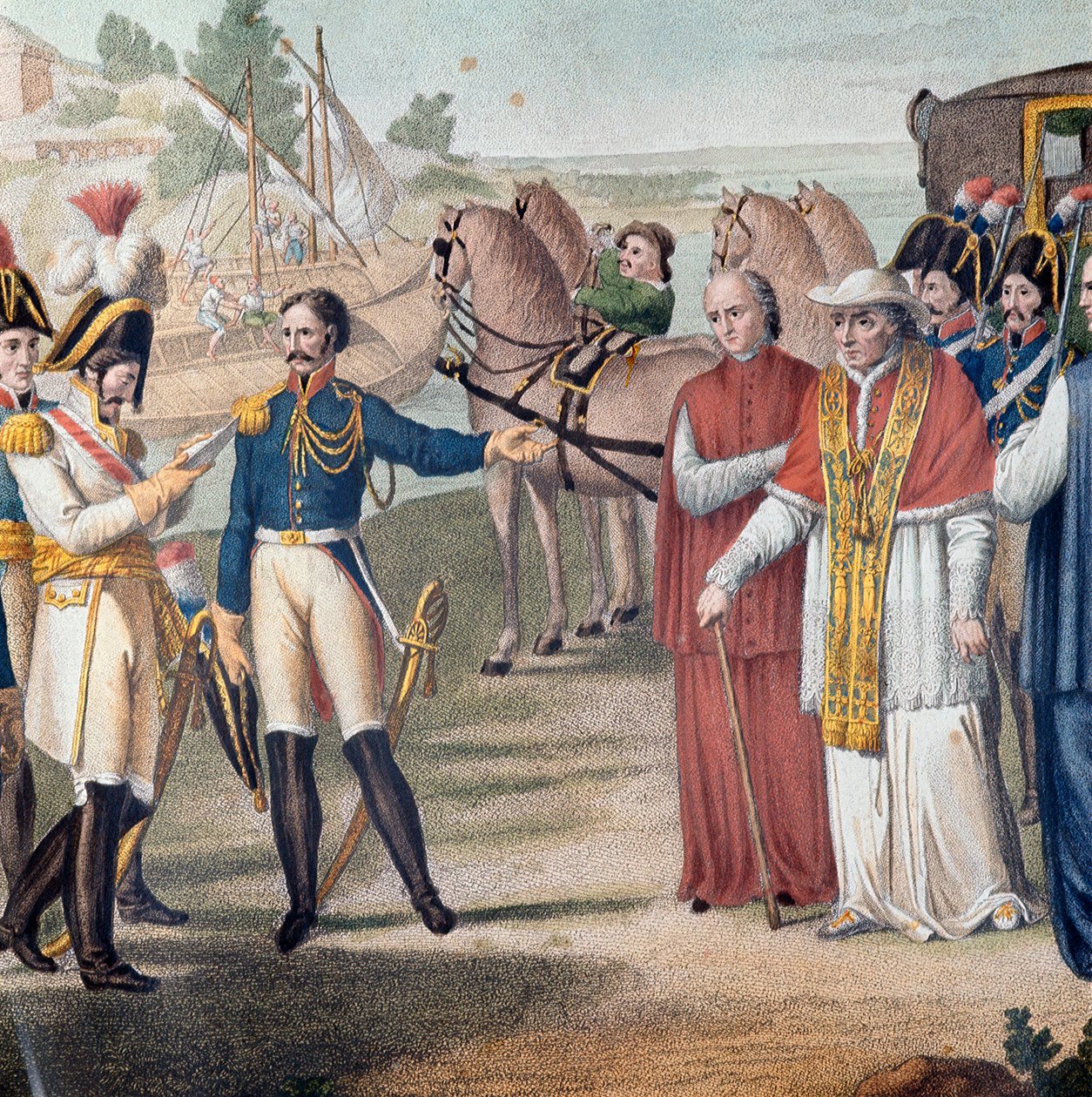 El Papa Pío VII (1742-1823) fue arrestado a su regreso a Italia por el ejército austro-napolitano cerca de Parma el 25 de marzo de 1814 - Grabado de Carlo Lasinio (1759-1838) - Litografía en color de Carlo Lasinio